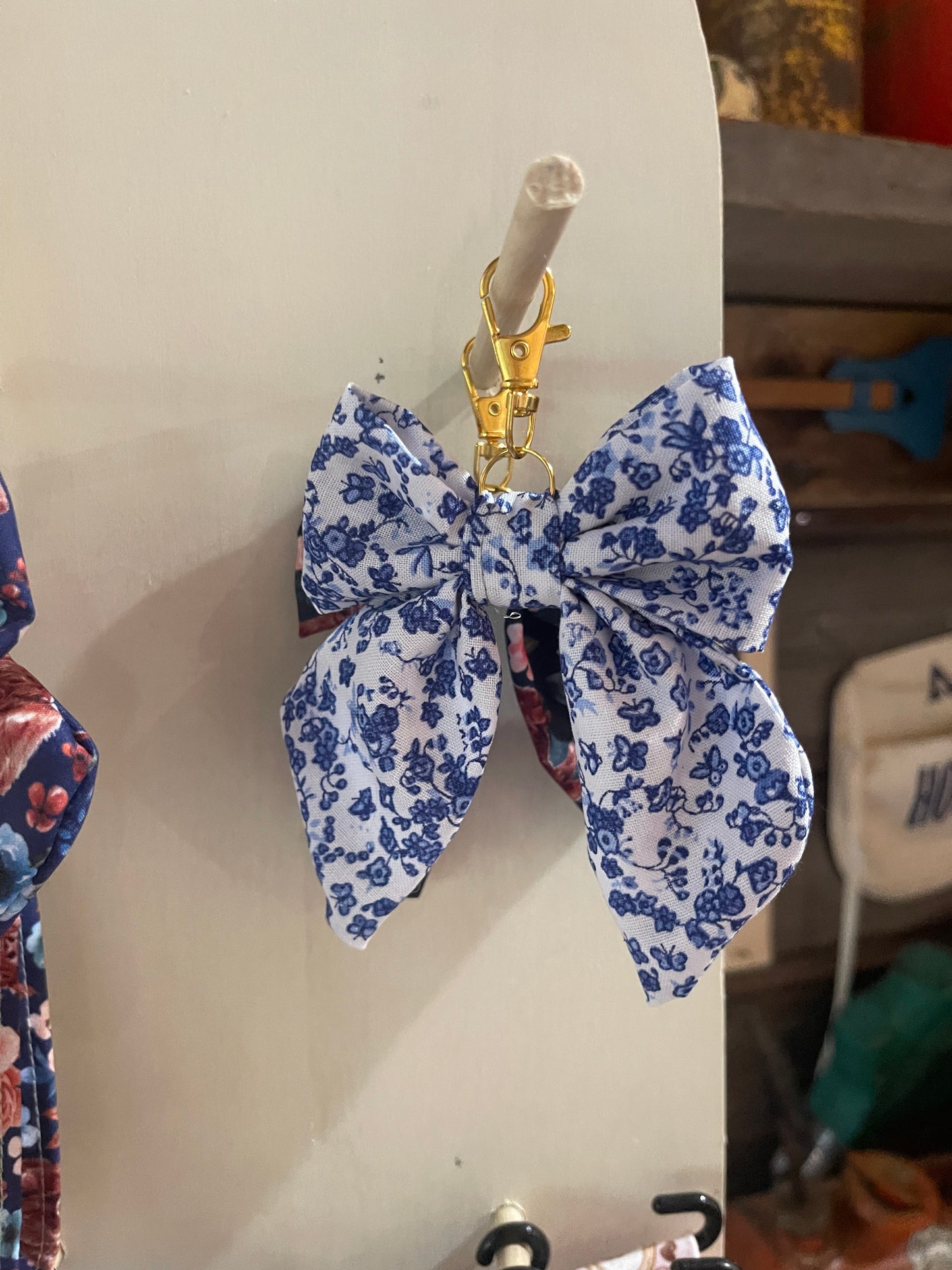Bag Charm Bow Keychain (Blue Floral)
